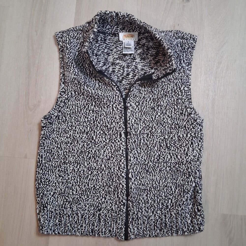 Talbots Petites Full Zip Knit Sweater Vest Womens S Black White 100% Marl